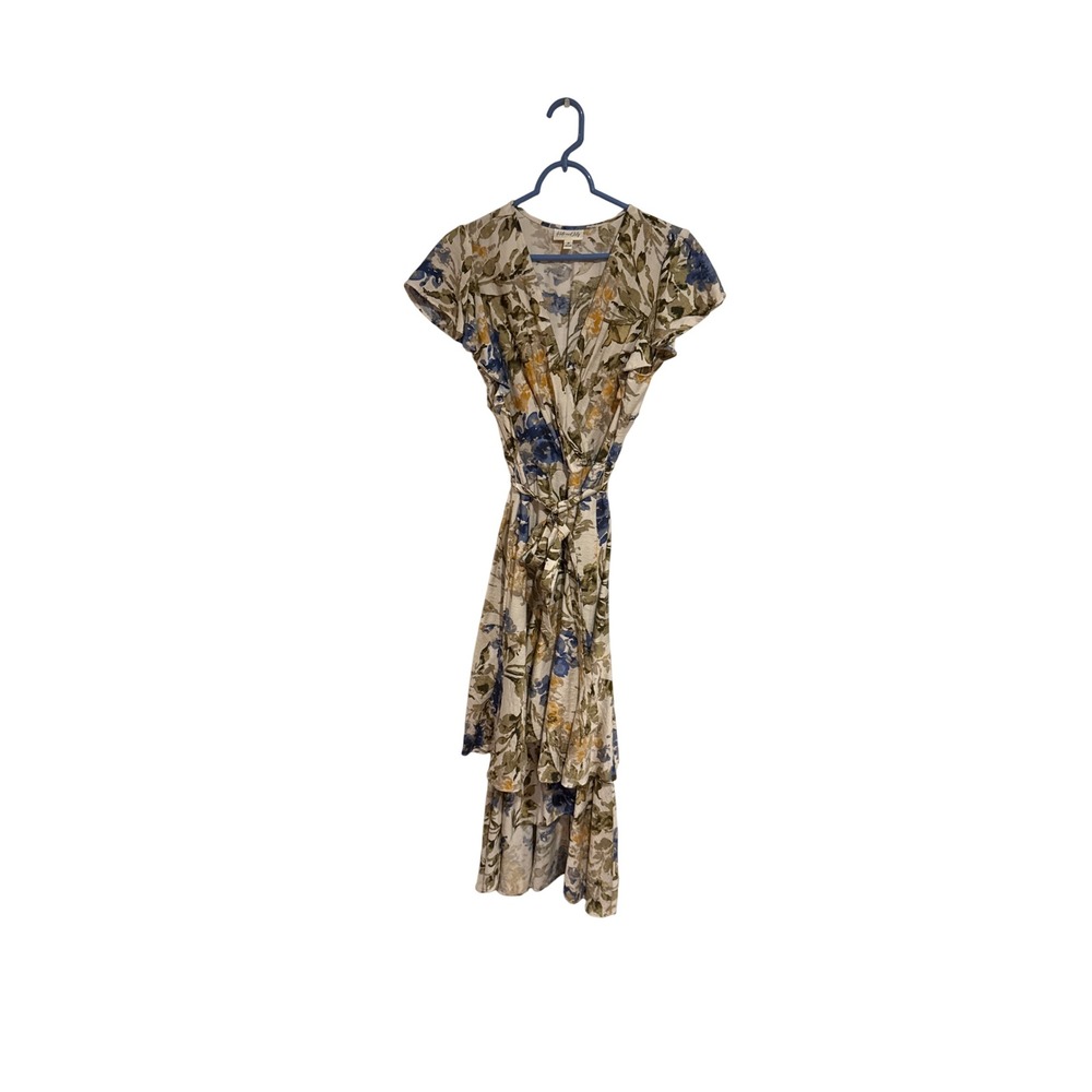 Kate and Lily Floral Wrap Dress Blue Green Gold High Low Ruffle Midi Womens M